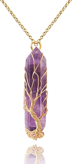 Healing Crystal Necklace Tree of Life Wire Wrapped Natural Stone Point Pendant Necklace Hexagonal Reiki Spiritual Quartz Gemstone Jewelry for Women Men