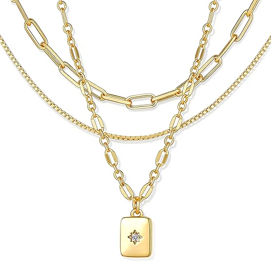 Layered Gold Necklaces for Women Trendy, 3 Pcs 14K Gold Plated Choker Paperclip Box Chain Necklace, Stackable Women's Gold Pendant Necklaces Jewelry Set